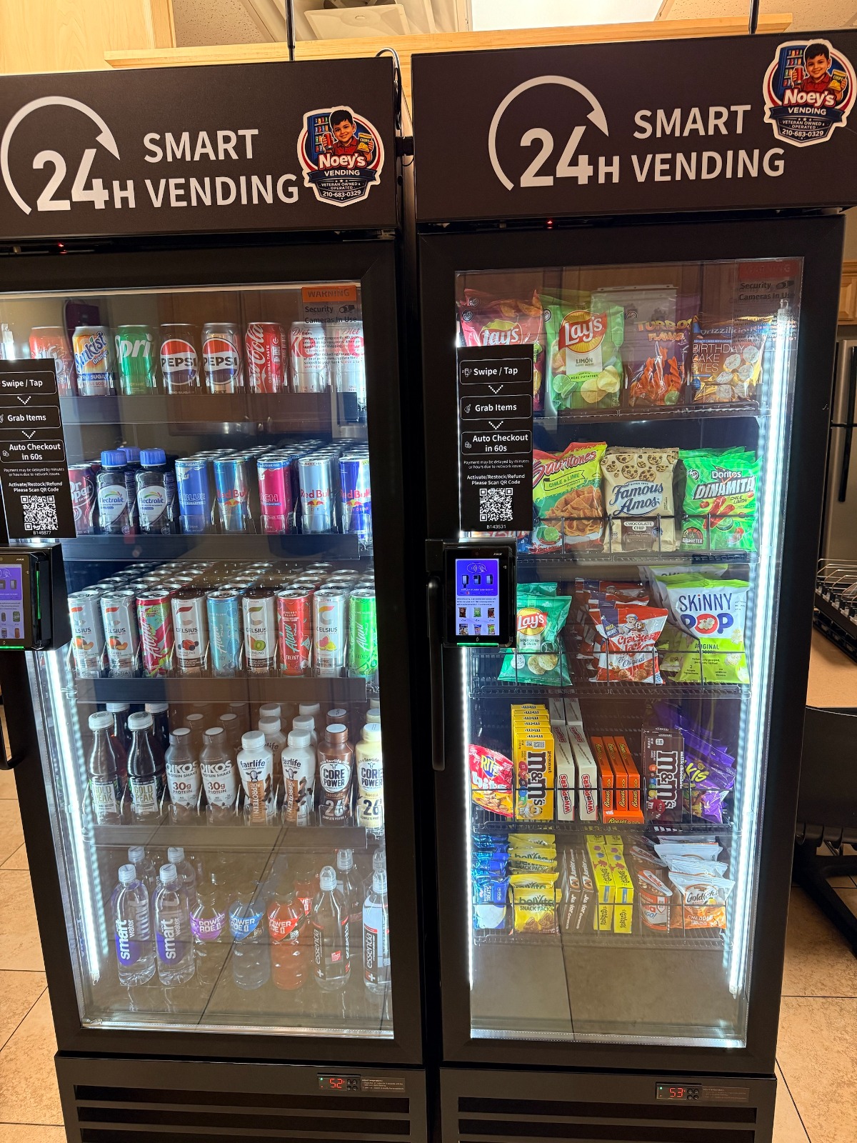 AI-powered smart cooler with open shelves stocked with snacks and drinks