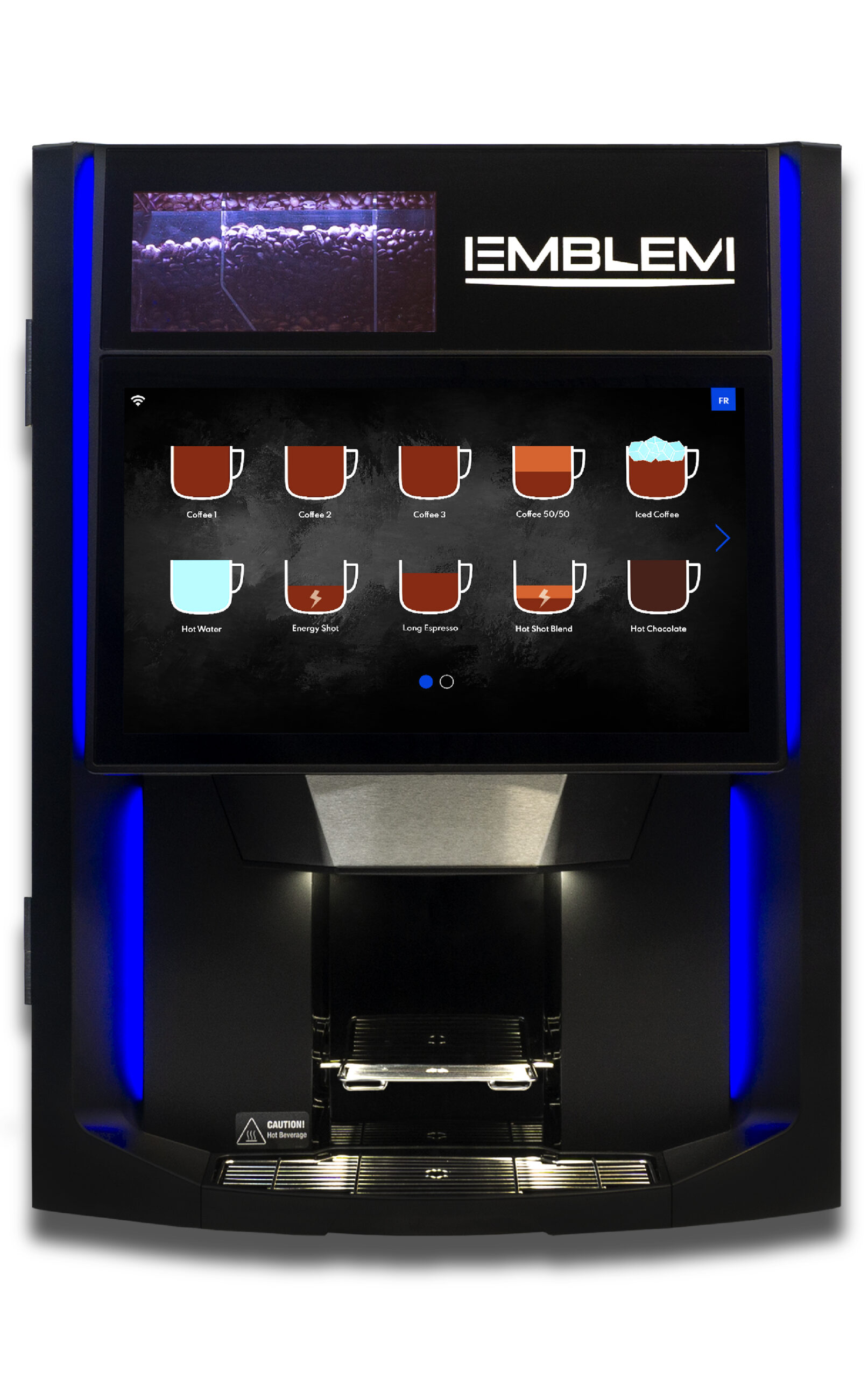 Touchscreen office coffee station with espresso, drip coffee, and hot chocolate options